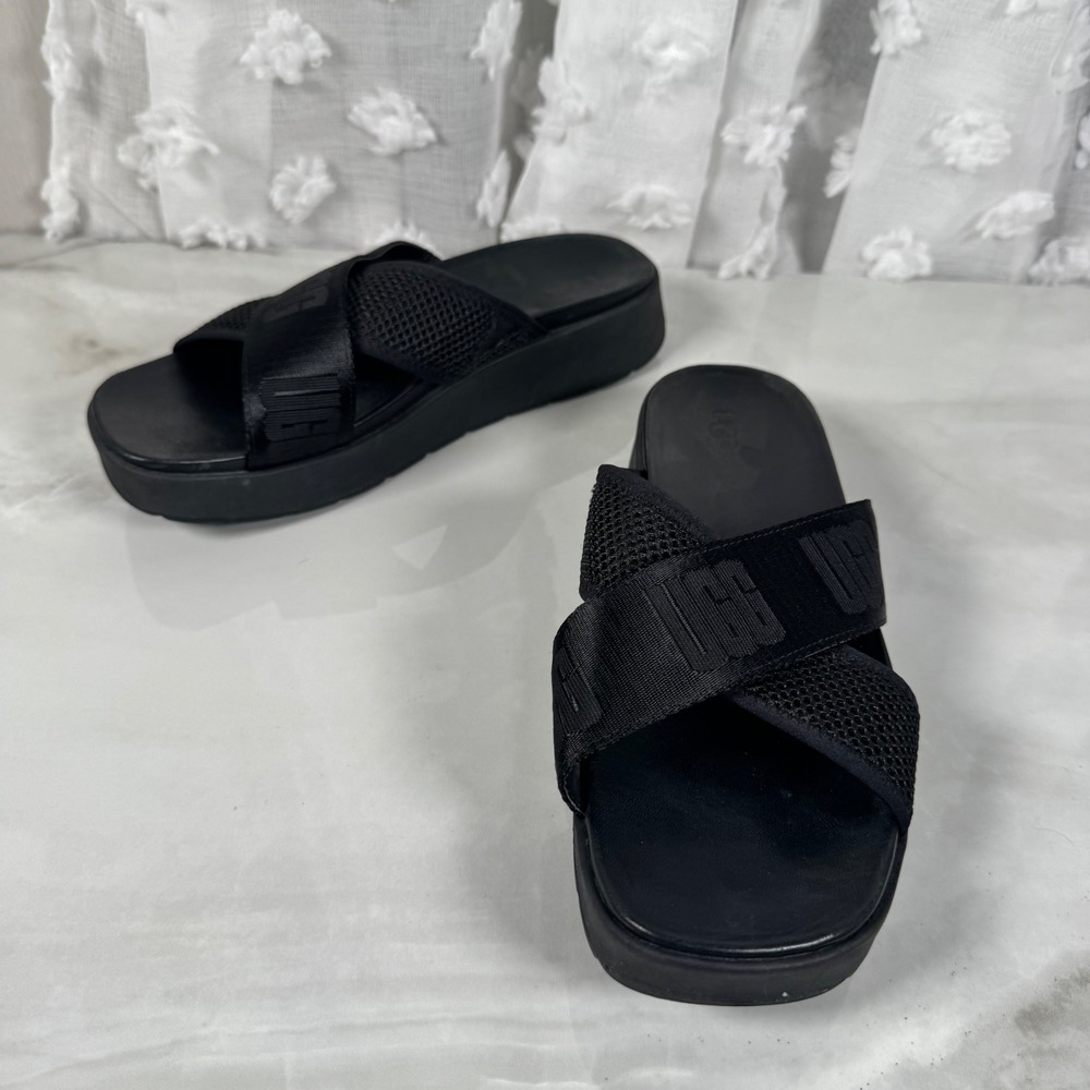 UGG Black Mesh Criss Cross Platform‎ Slide Sandals Leather Lining Cushioned 8.5